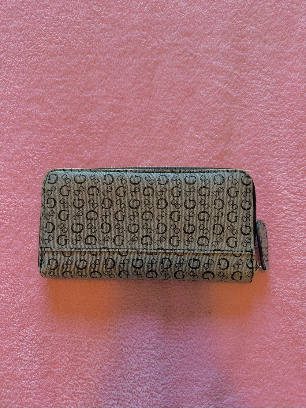 GUESS Monogram Zip Wallet in Gray with Gold Logo